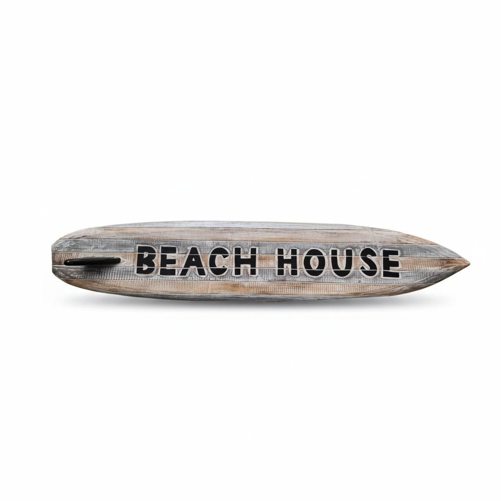Rustic grey-wash wooden wall decoration with dark lettering and a dark fin on a plain white background