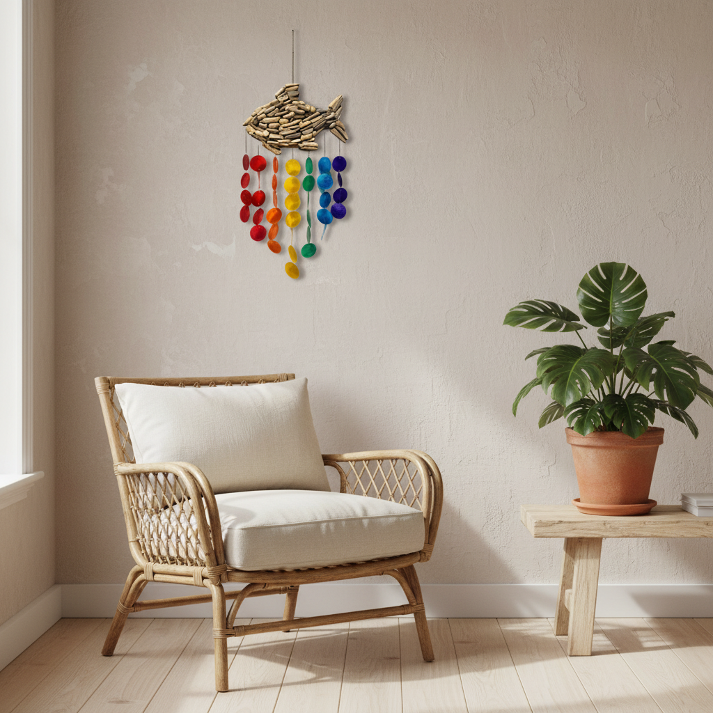 A wooden fish-shaped wall hanging with colorful hanging beads is displayed on a beige wall in a styled room setting, featuring a rattan armchair, a potted monstera plant on a small wooden table, and light wood flooring.