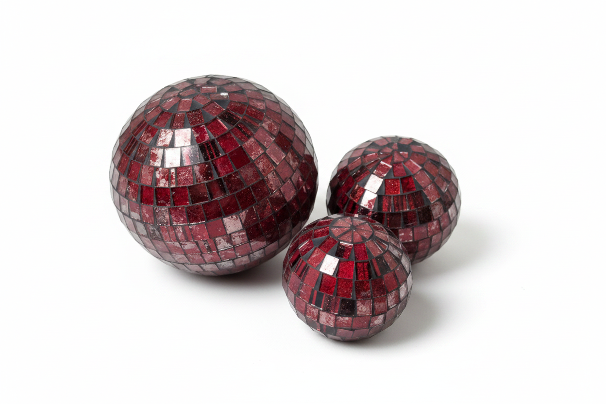 Three red mosaic balls on a white background