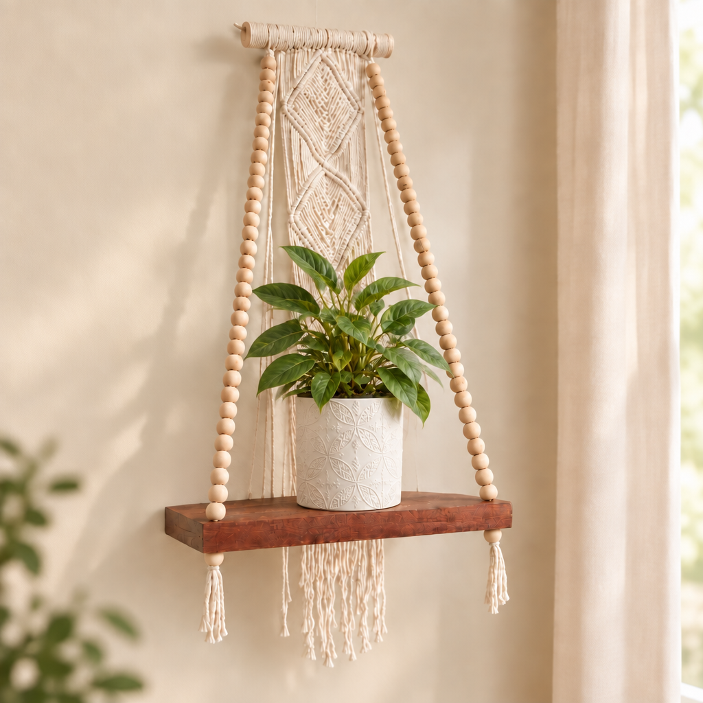 Side view of a leafy plant in a white pot against cream woven diamond details