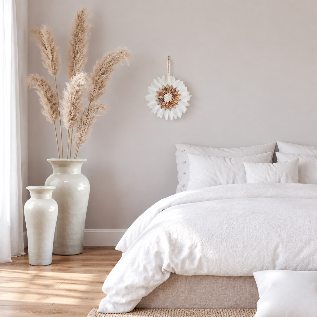 White feather wall hanging above a bed in a softly styled neutral bedroom