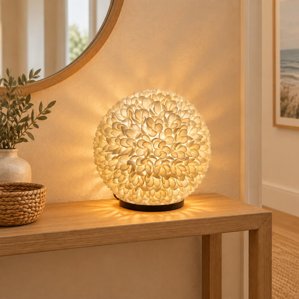 Rose shell table lamp glowing on a timber hallway console in a coastal entryway