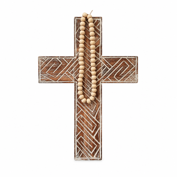 Rustic Boho Wooden Cross with geometric carving and a beige beaded chain, shown front-on against white