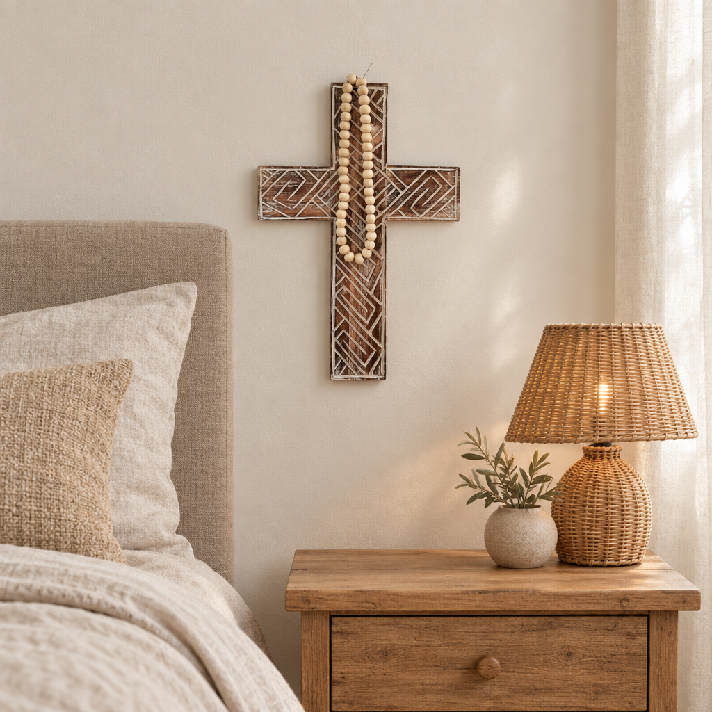 Carved wall ornament with beige beads above a timber bedside table beside a rattan lamp and neutral linen bedding
