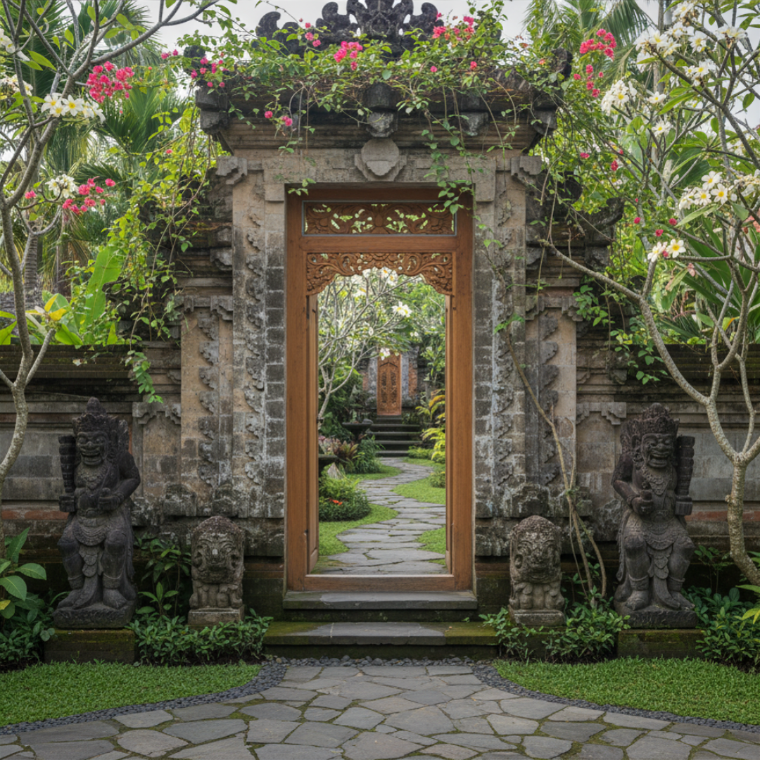 Traditional stone gate with wooden door in a lush garden setting