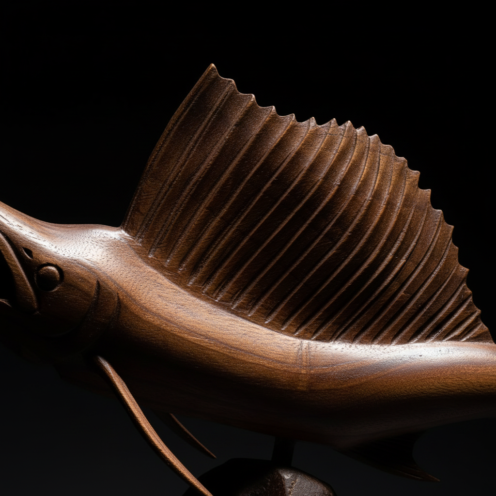 Close-up of carved dorsal fin ridges and wood grain texture on a wooden sail fish carving