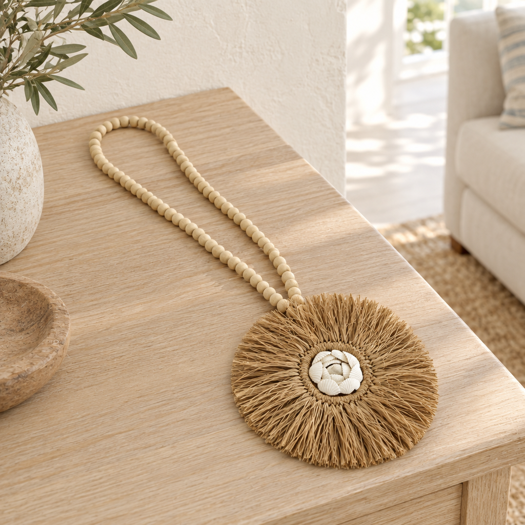 Beaded fringe piece styled on a light timber table in a bright room