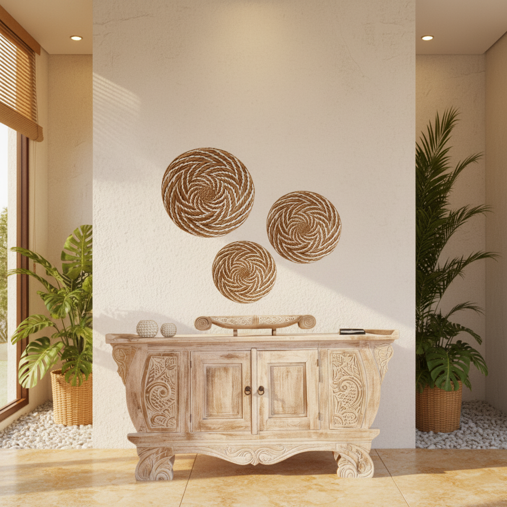 Three seagrass spiral wall art pieces styled above ornate whitewashed timber console in Balinese coastal interior