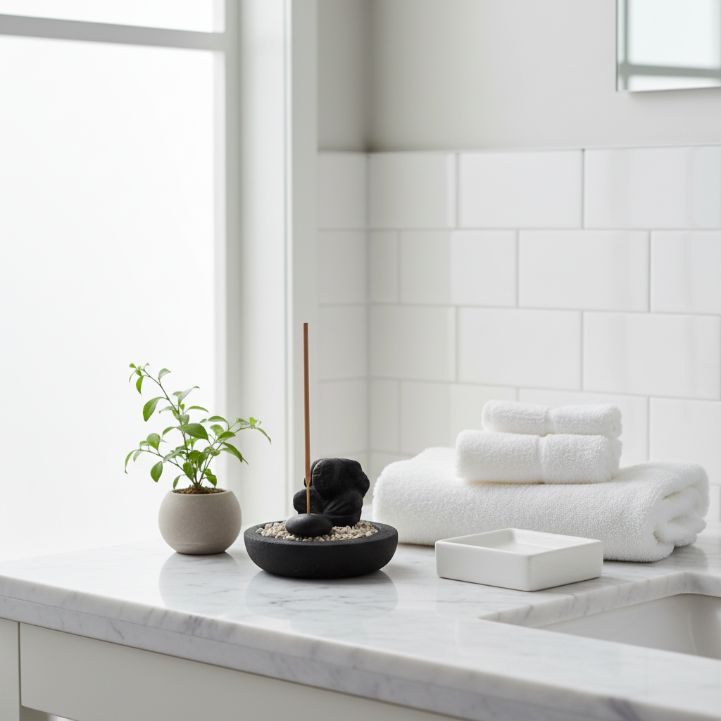 A styled bathroom scene with white towels, a small potted green plant, a black zen stone scented holder, and a white soap dish on a white marble countertop against a white subway tile wall.