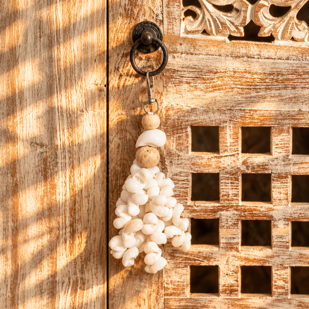 Coastal shell tassel with wooden beads hanging from a black iron ring on a carved whitewashed timber door