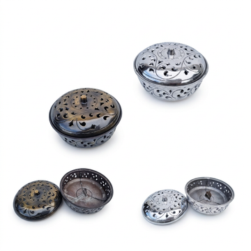 Hand Made Steel Mosquito Coil Holder a display of our metal bronze or silver incense burner with decorative top on a gray background