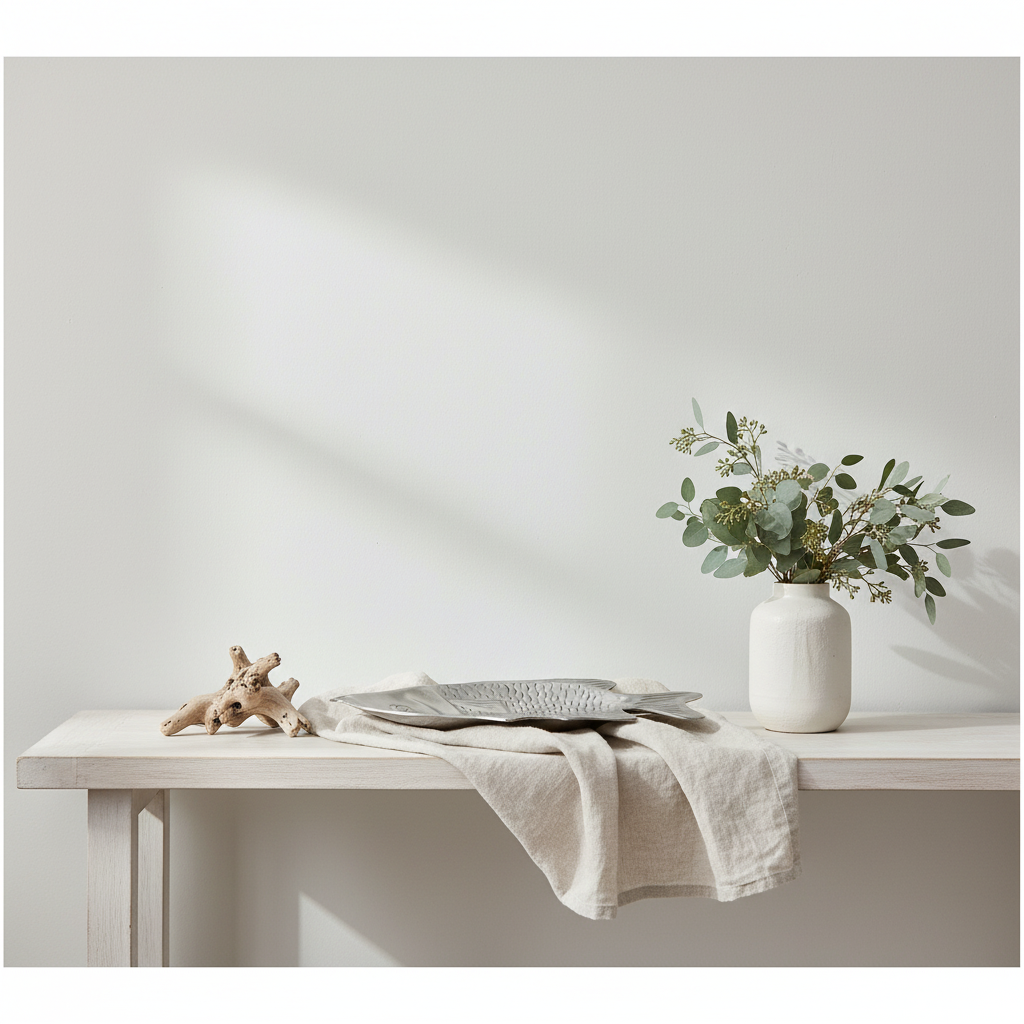 Fish-shaped tray on white console table with driftwood and eucalyptus