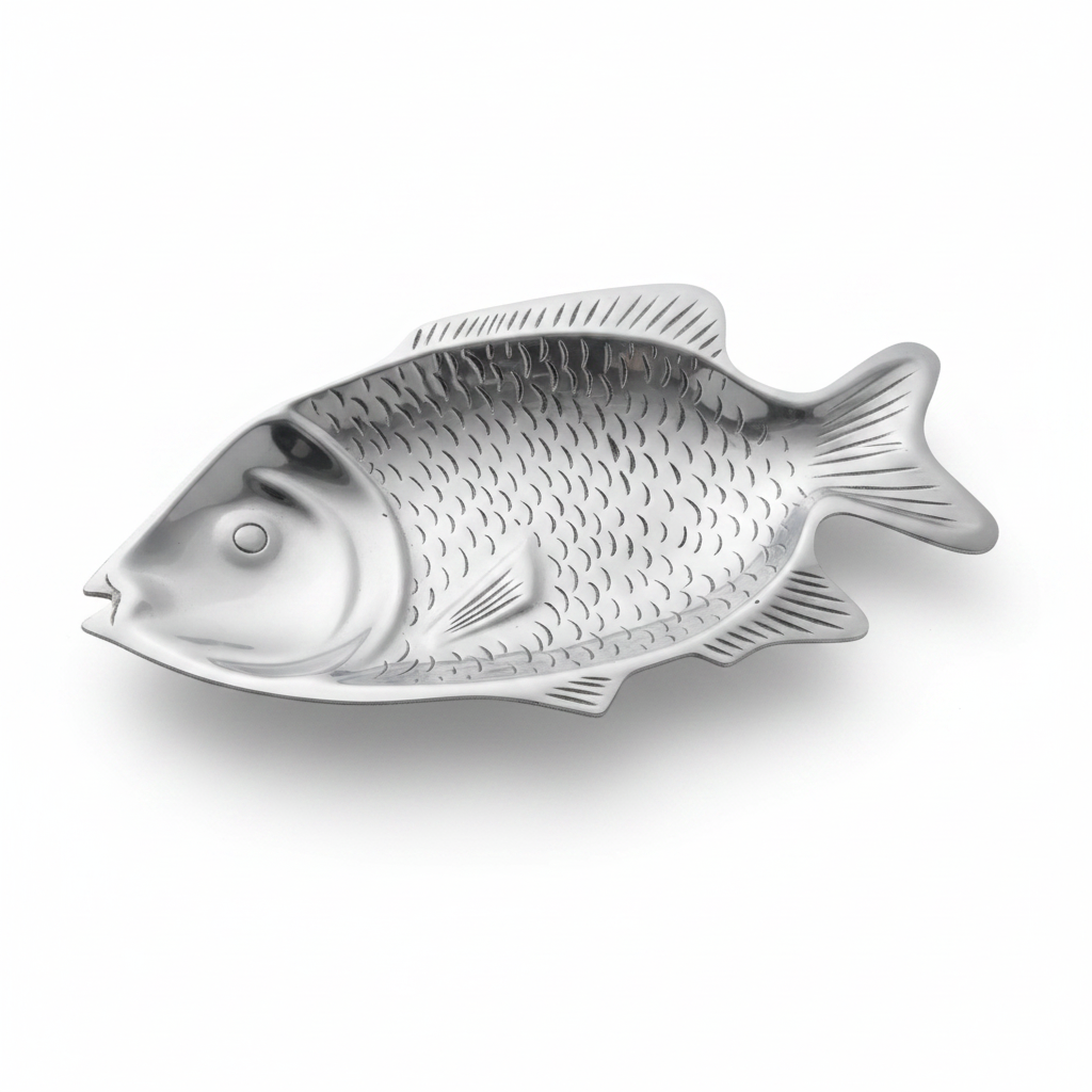 Silver fish shaped decorative platter with detailed scale design – coastal serving tray