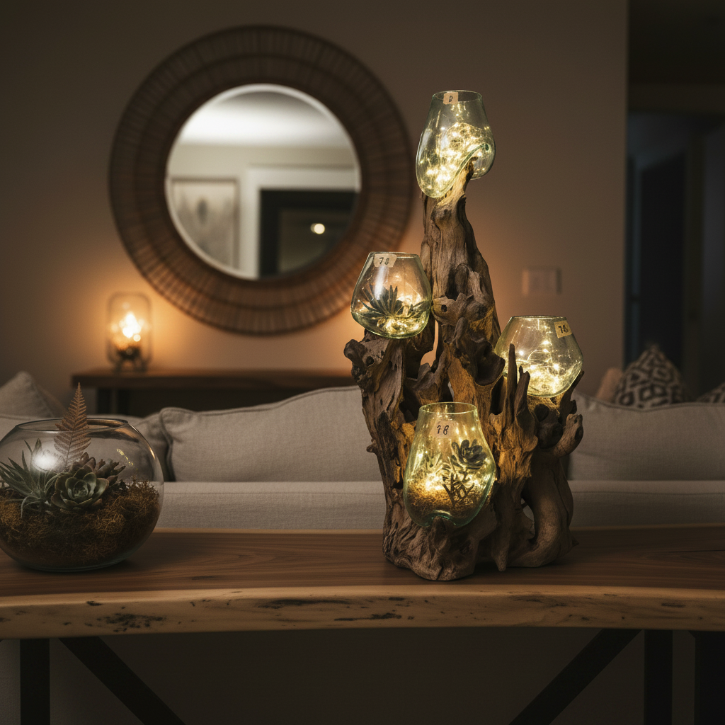 Decorative lamp with glowing glass shades on a wooden table in a cozy living room. style 7-8