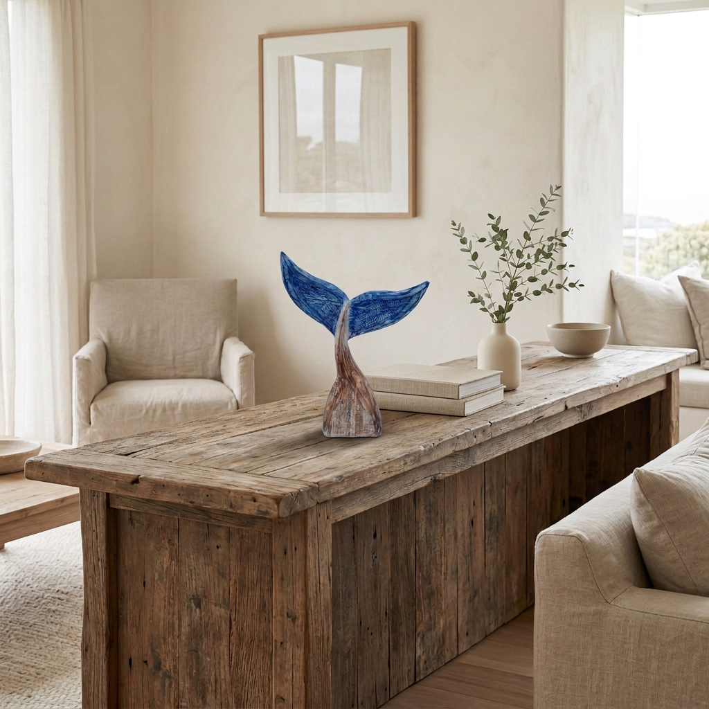 Blue-and-brown ornament beside stacked books and a cream vase with leafy stems on a rustic timber console in a coastal living room