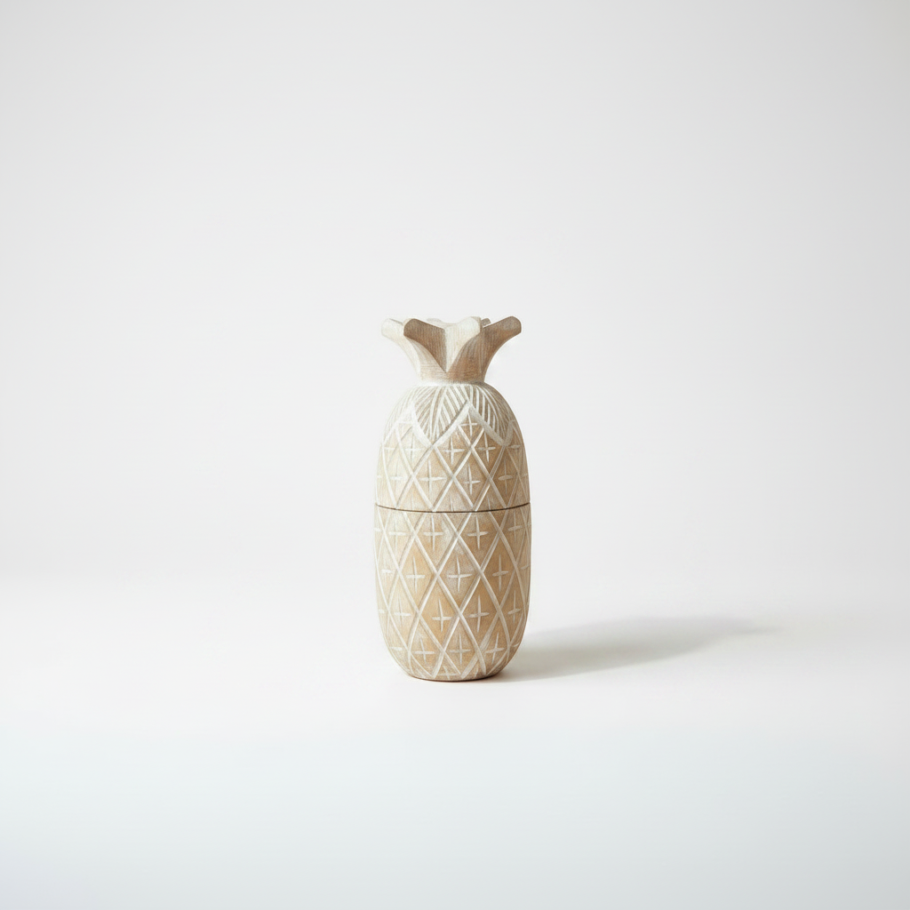 A small decorative container shaped like a pineapple, featuring a cream and beige geometric pattern, set against a plain white background.