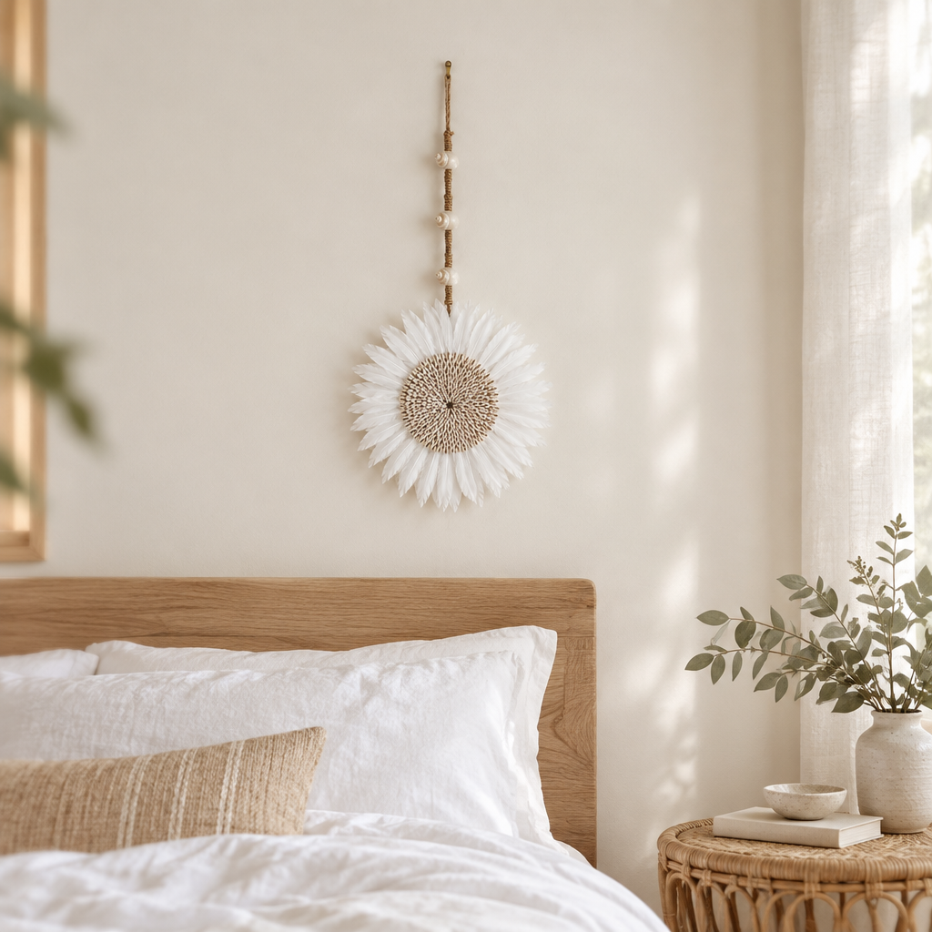 Long stem juju hats wall decor in white feathers and shells, hung above a timber bedhead with white linen bedding.
