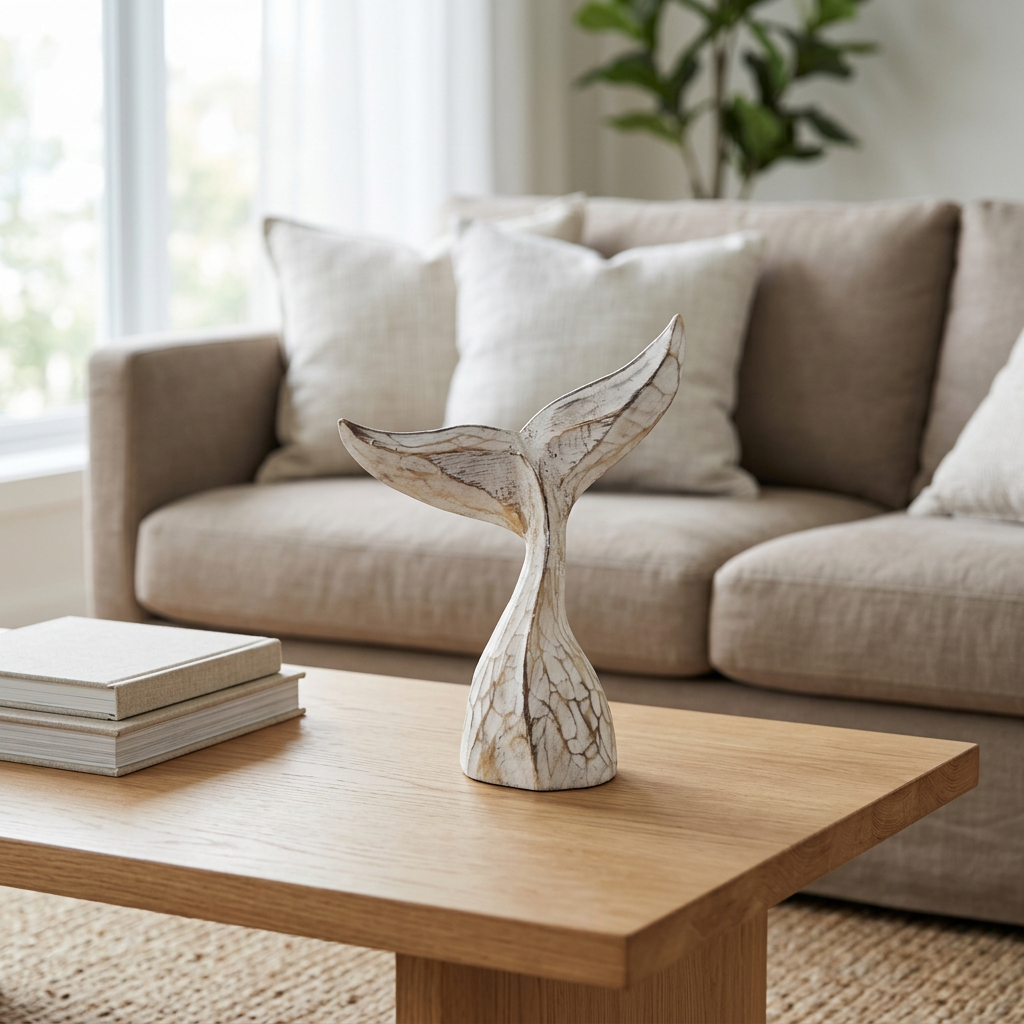 Whitewashed ornament on a natural timber coffee table beside stacked books, with a taupe sofa and cream cushions behind