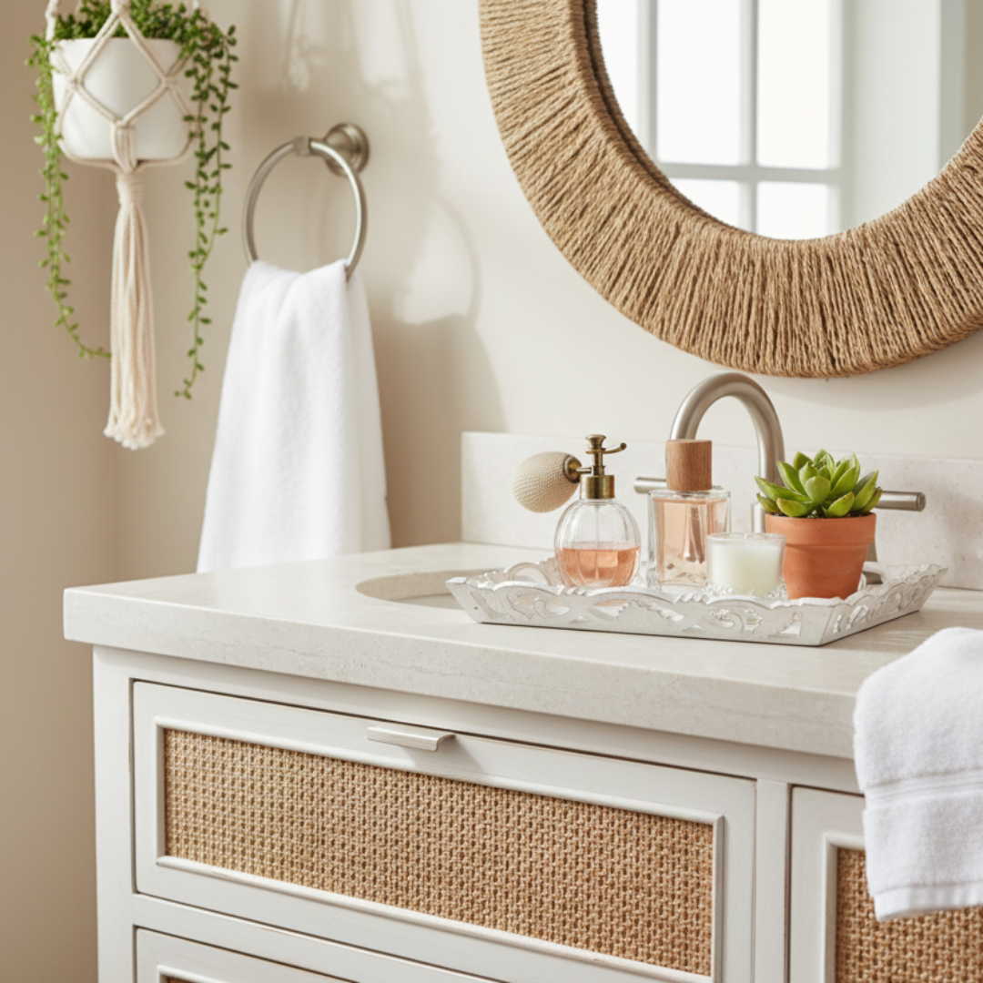 Small Balinese whitewash carved wooden tray styled on a bathroom vanity with perfume bottles and tea light candle