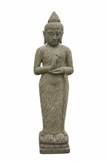 Solid Stone Buddha Statue with hands in namaste prayer, dark olive-grey weathered texture, on a lotus base