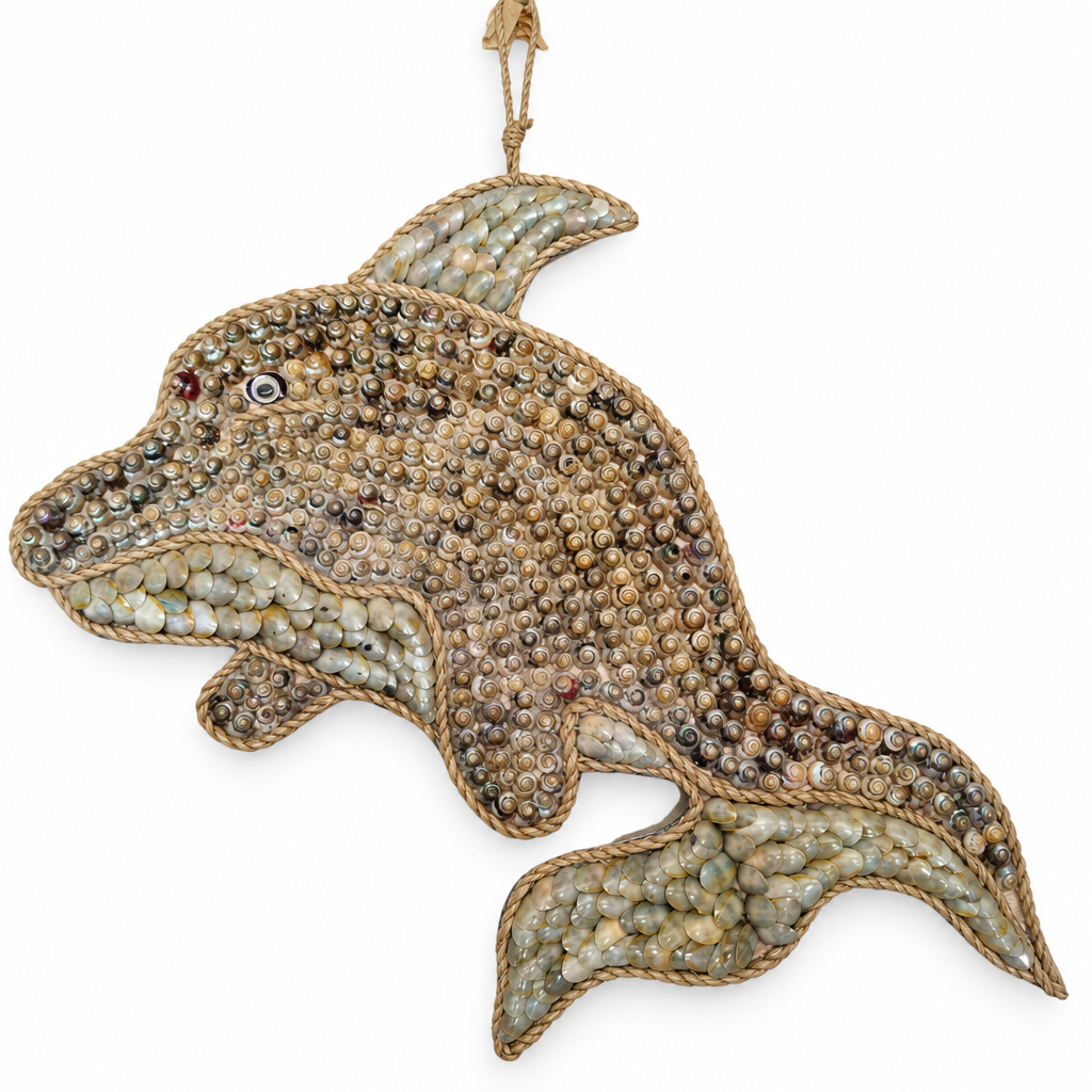 Spiral-shell dolphin wall art displayed against a clean white background.