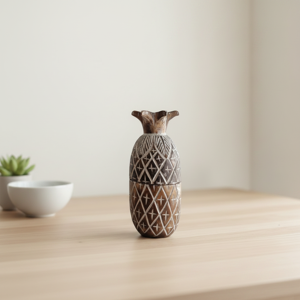 Dark carved timber container displayed on a light wood tabletop in a warm neutral interior
