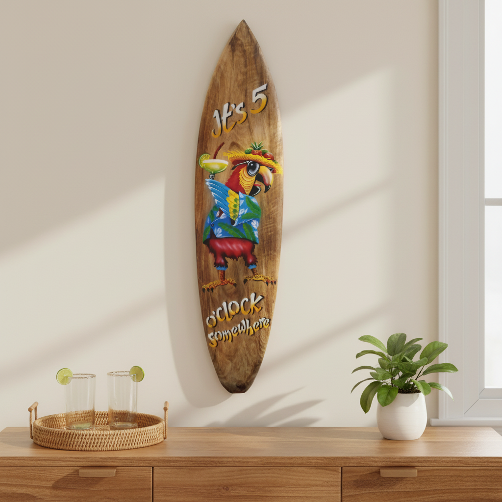 A rustic wooden surfboard wall decor piece featuring a colorful painted parrot and the words 5 o'clock 