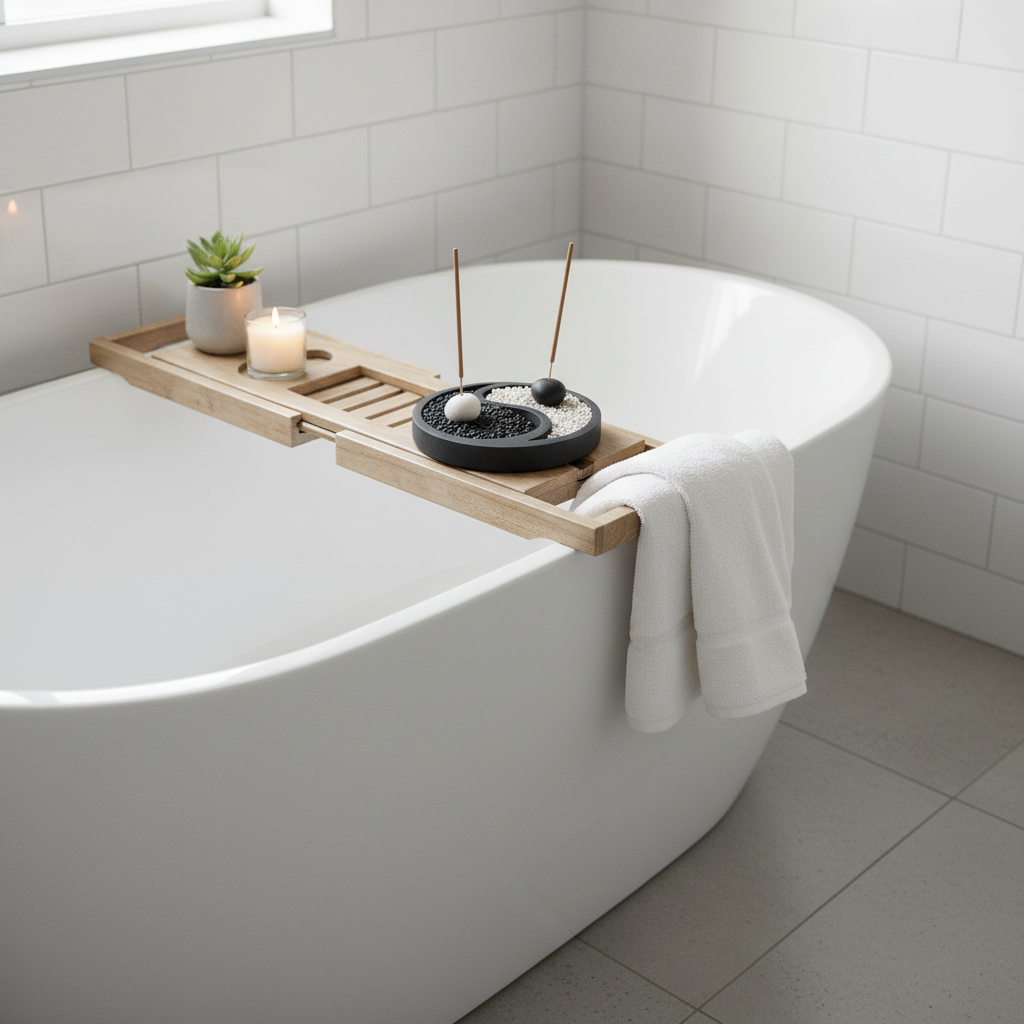 A stone carved statues incense holder on a light natural wood bath caddy draped over a white freestanding bathtub, with a small potted succulent, a lit candle and two incense sticks. A white towel hangs from the side of the tub against a white subway tile wall.