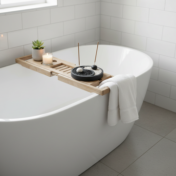 A stone carved statues incense holder on a light natural wood bath caddy draped over a white freestanding bathtub, with a small potted succulent, a lit candle and two incense sticks. A white towel hangs from the side of the tub against a white subway tile wall.