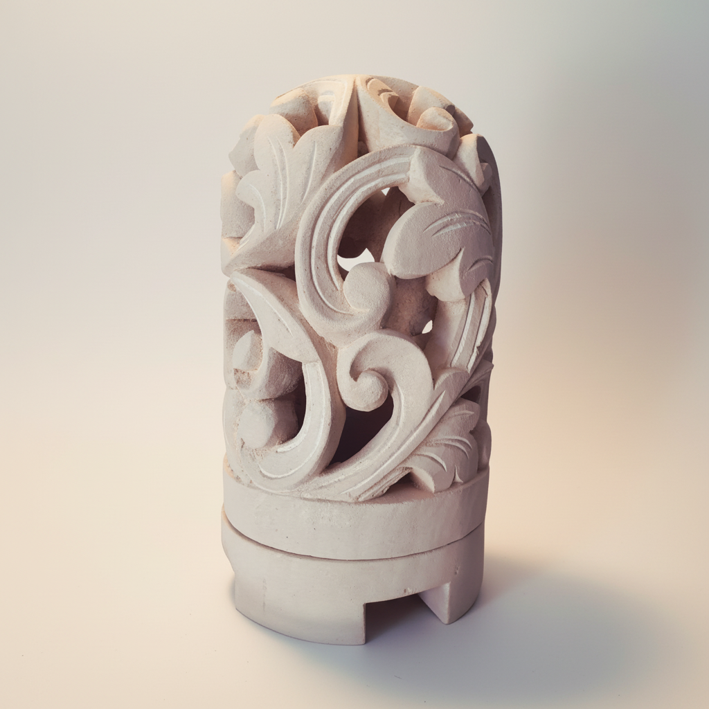 Hand-carved limestone lantern with floral cut-out details on a warm neutral studio background
