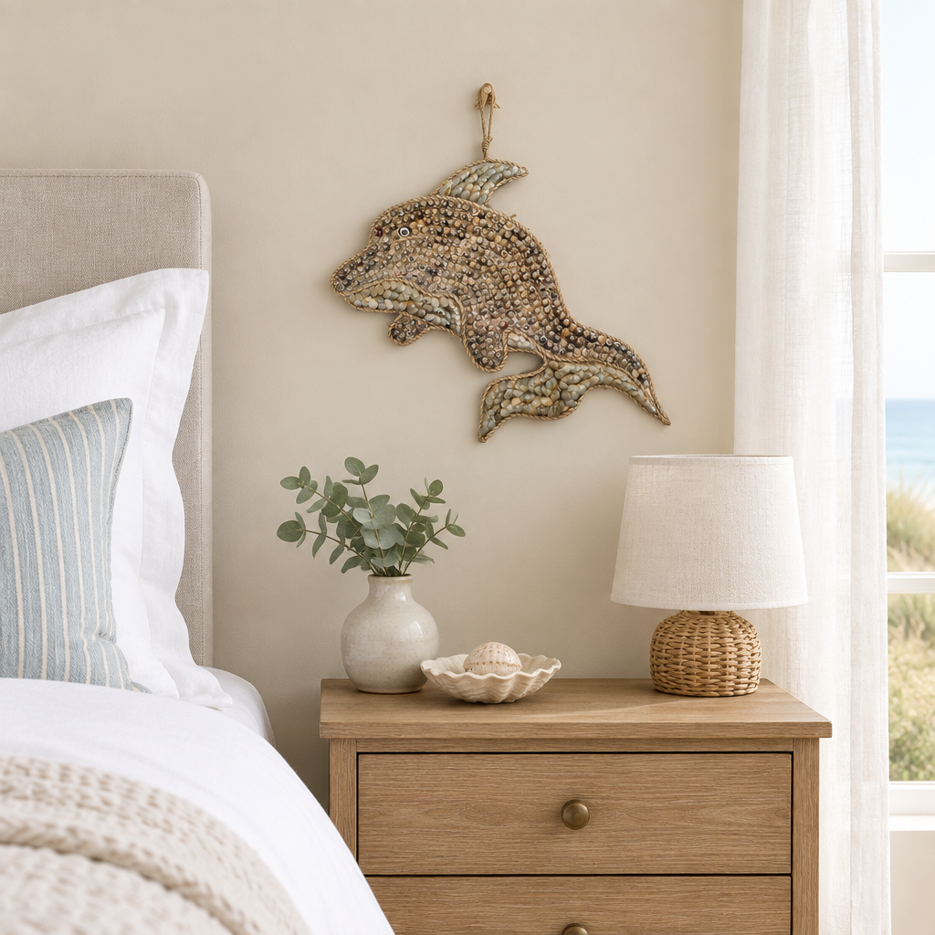 34cm x 21cm spiral-shell dolphin wall art displayed in a calm coastal guest bedroom