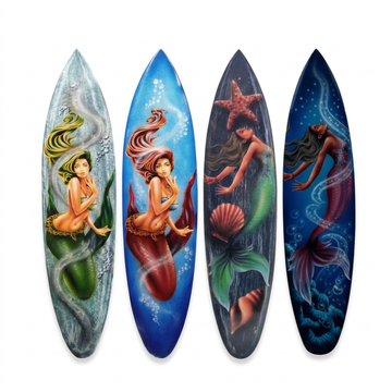 Four painted designs side by side, with colourful tails, flowing hair, bubbles, shells and swirling underwater details