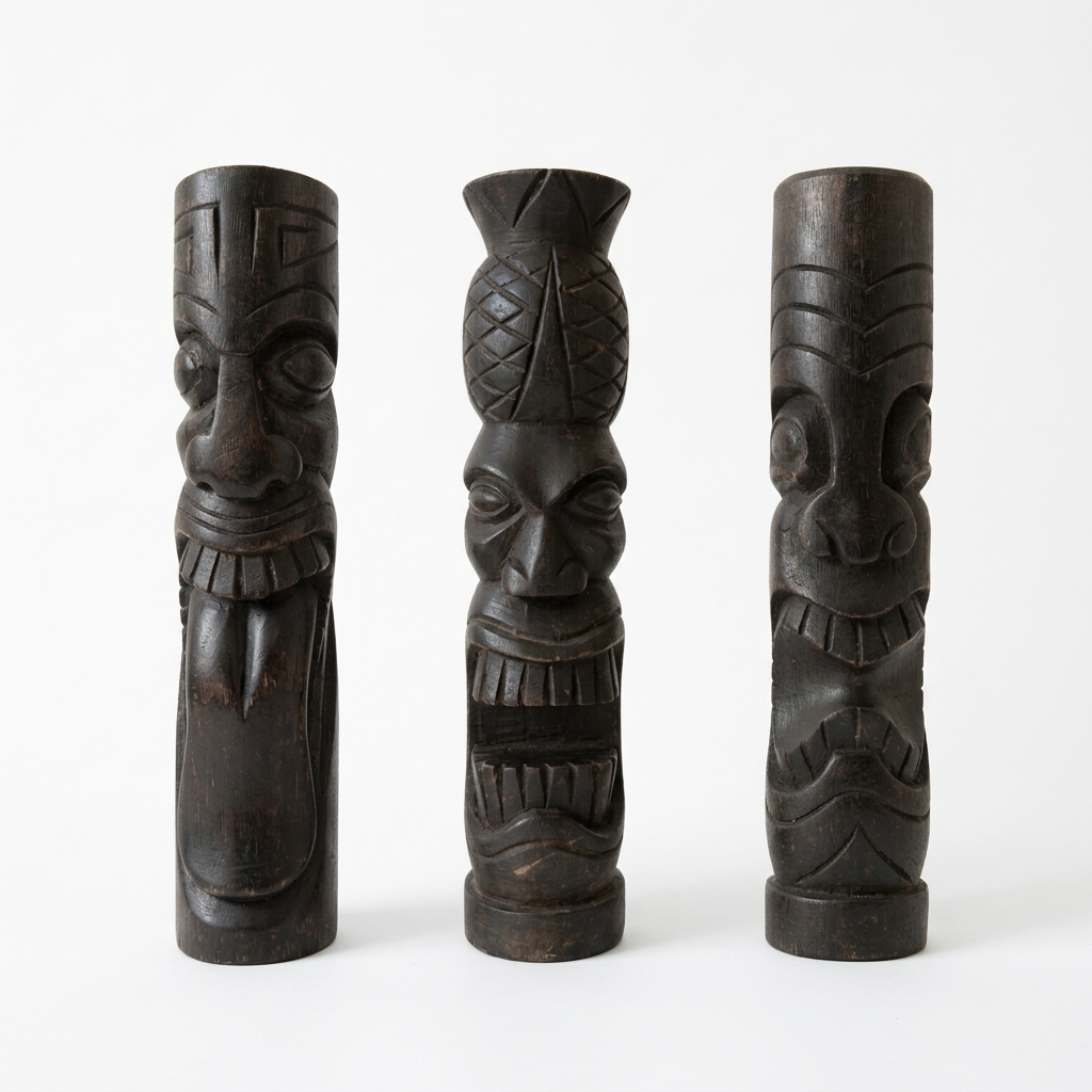 Three wooden tiki tabletop statues in Tiki Tongue, Tiki Pineapple Crown and Tiki Grin designs, displayed on a white background.