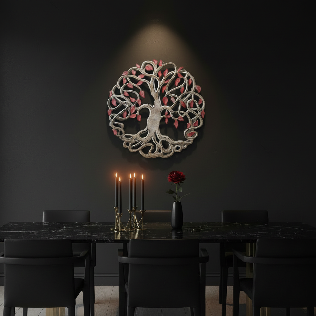  art piece with silver branches and pink leaves, mounted on a dark gray wall above a dining table with black chairs and candles.