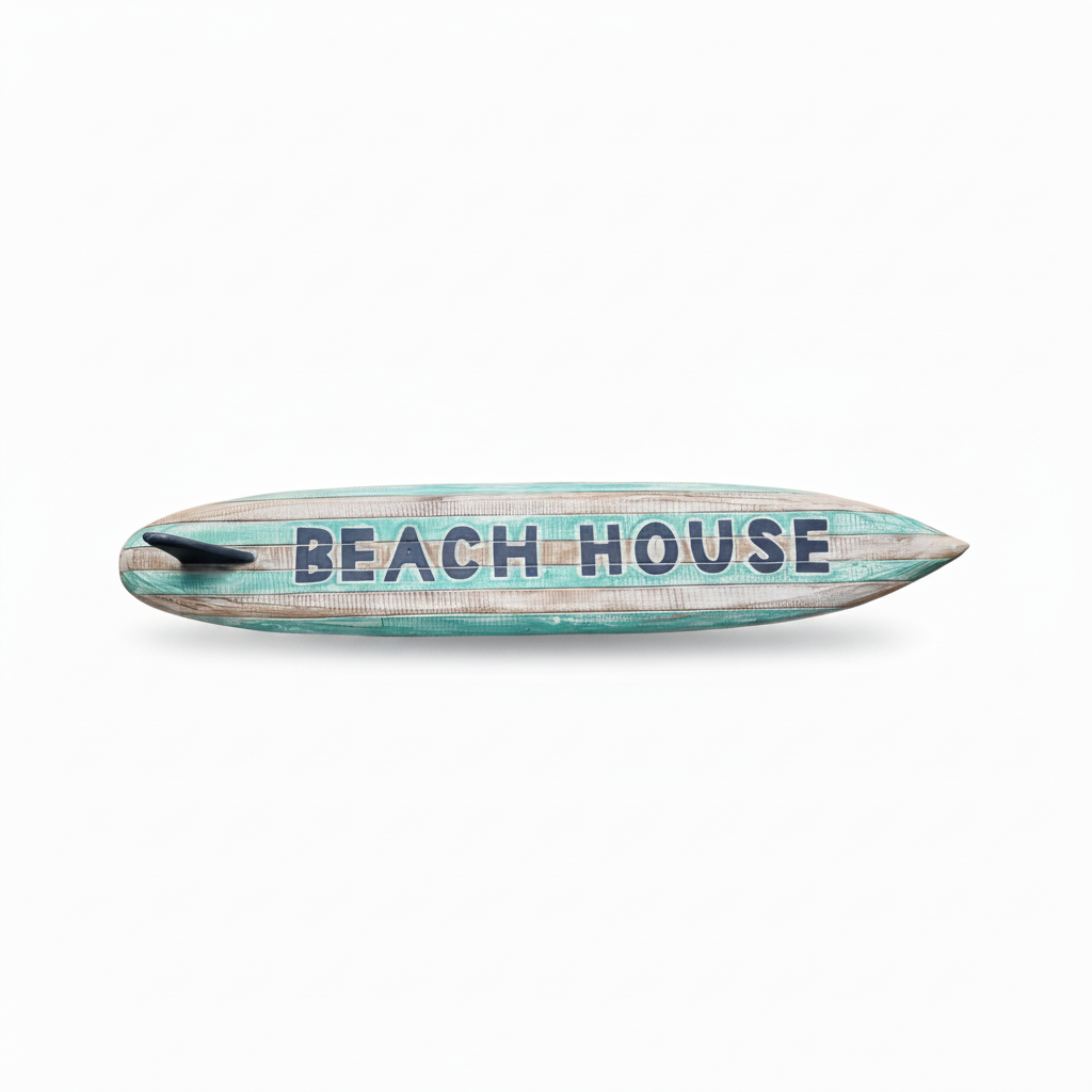 Turquoise-wash wooden wall decoration with dark lettering and a dark fin on a plain white background