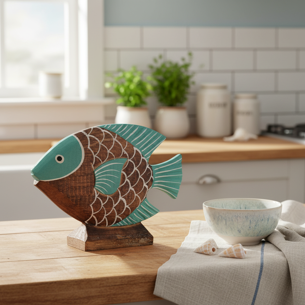 Single turquoise carved sculpture on a coastal kitchen side table with ceramic bowl, linen and shells