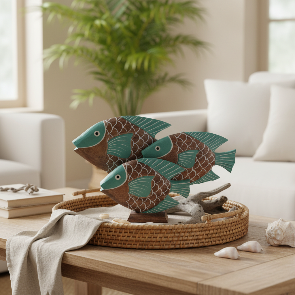 Tropical Fish Decor turquoise set grouped on a rattan tray on a coastal coffee table with shells and driftwood