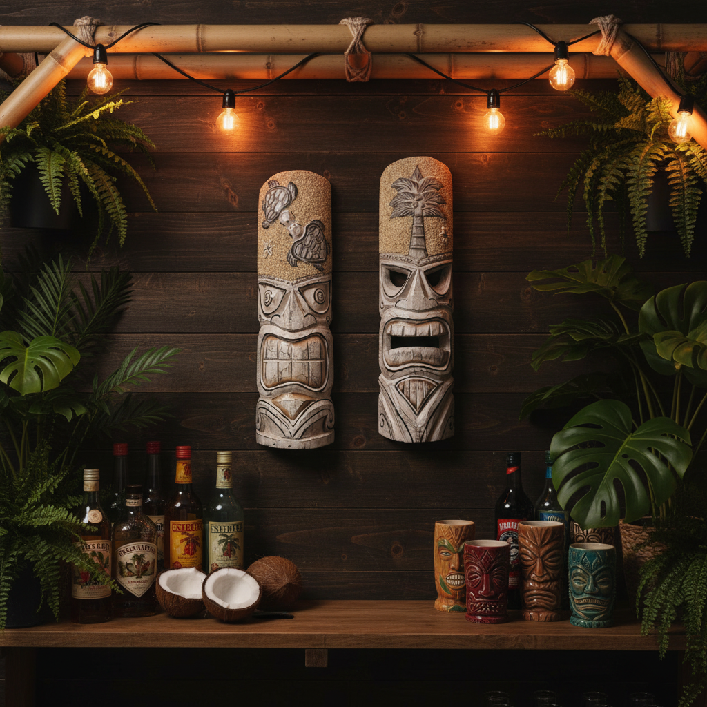 Two whitewashed hand-carved wooden tiki masks mounted on a dark timber tiki bar wall — turtle variant with sea turtle headdress on the left, palm tree variant on the right — with tropical spirits, tiki mugs and Edison string lights below
