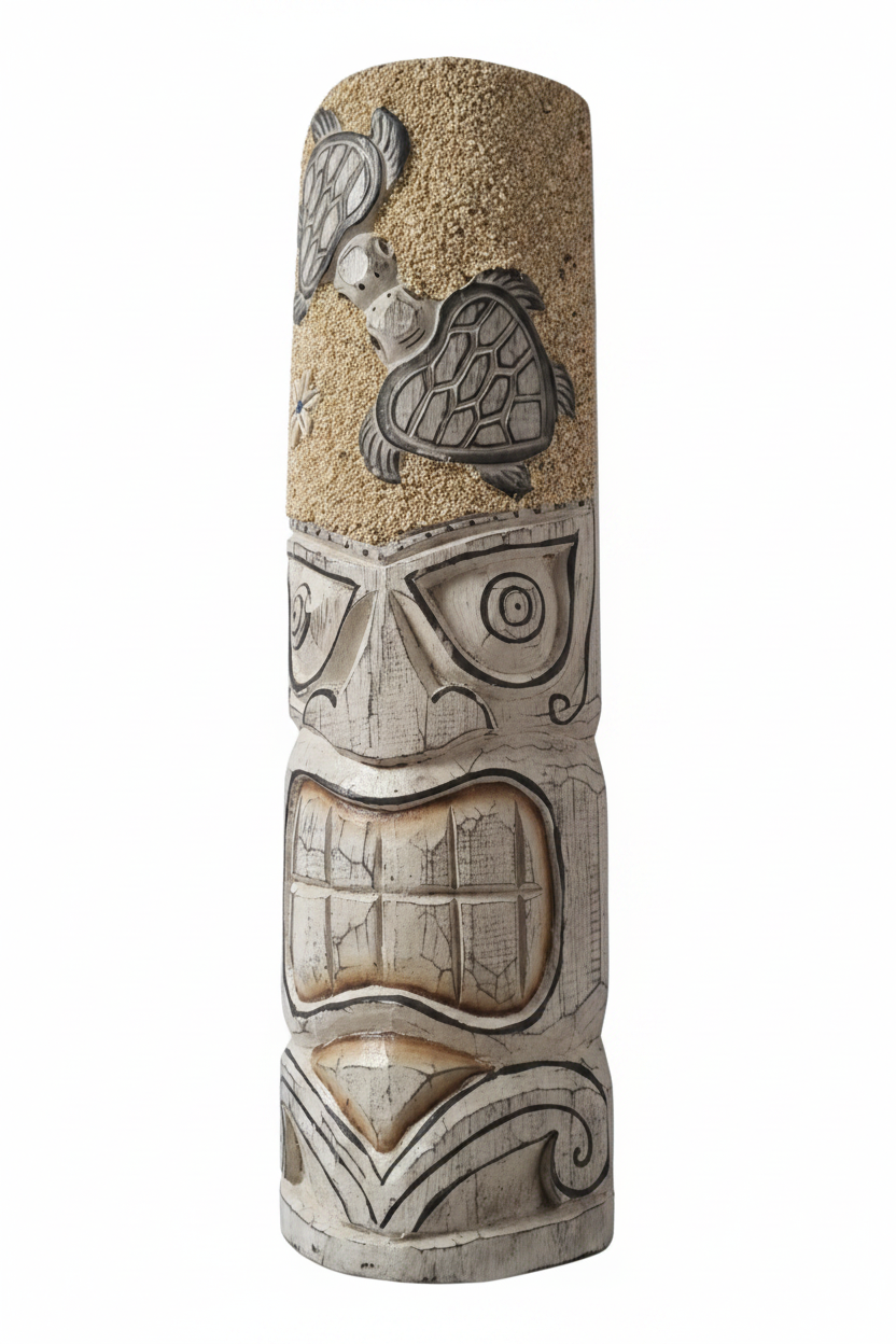 Angled studio shot of a whitewashed hand-carved wooden tiki mask showing the 3D carving depth, sand-textured headdress with two sea turtles and wave scroll base detail