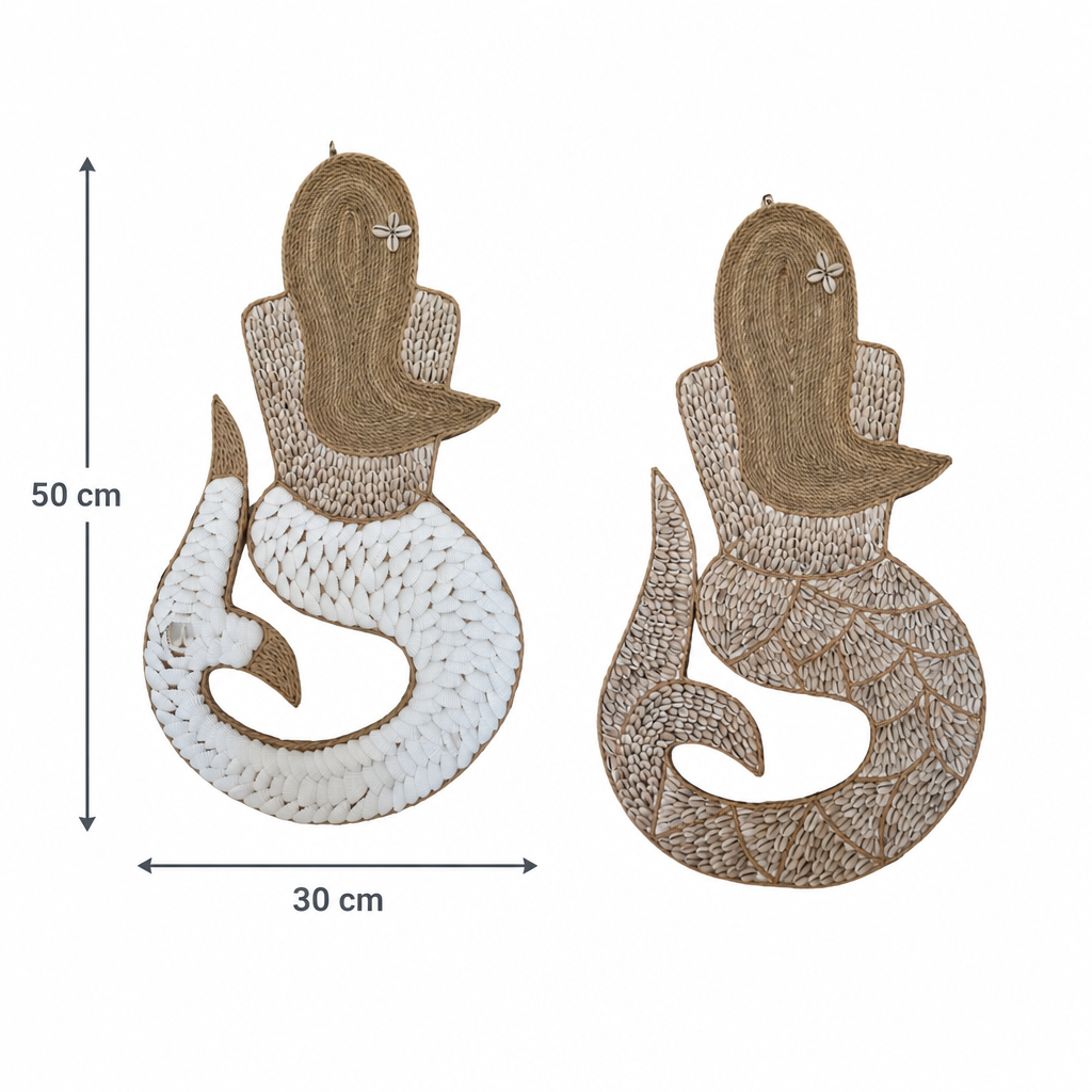 Two shell-covered mermaid wall hangings, one white and one natural patterned, with arrows showing each piece measures 50 cm high by 30 cm wide