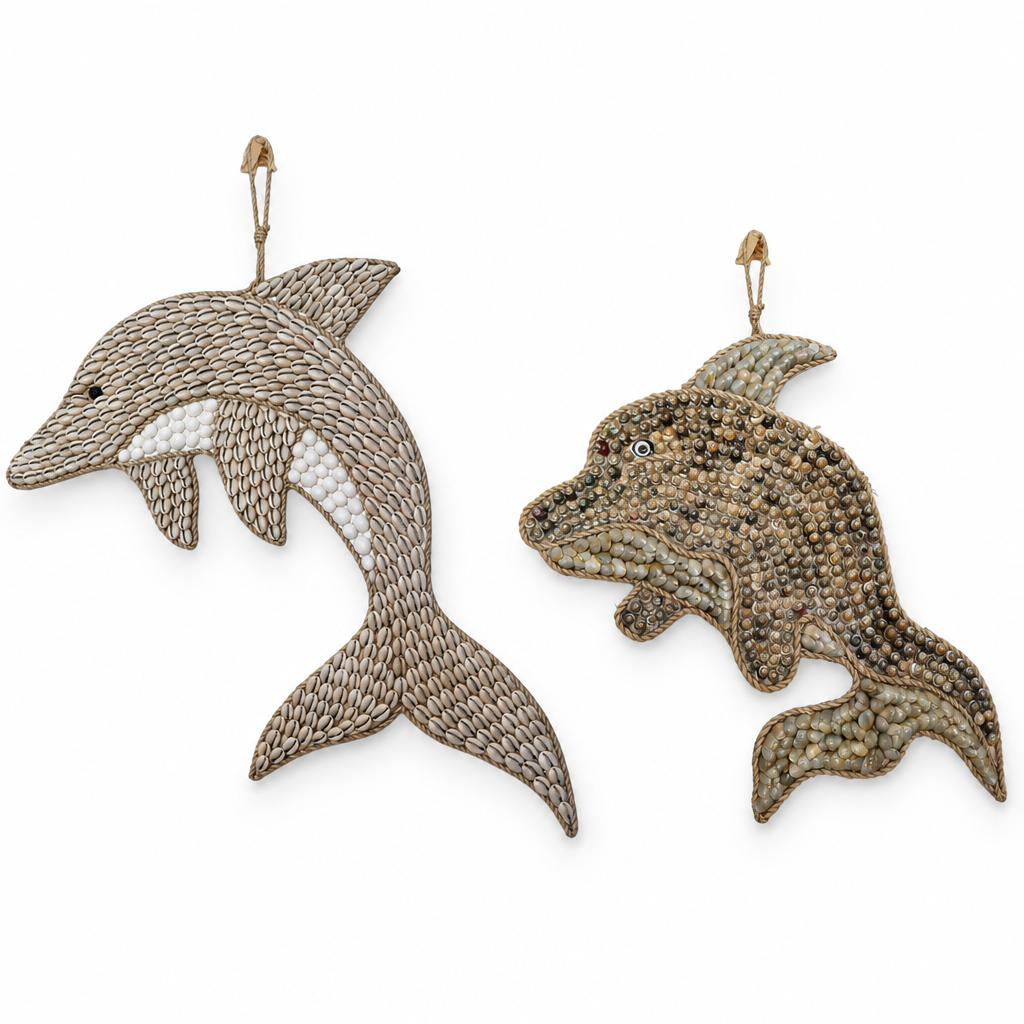 Style 1 and Style 2 shell dolphin wall decorations shown side by side on a clean white background, with Style 1 at 45cm x 30cm and Style 2 at 34cm x 21cm