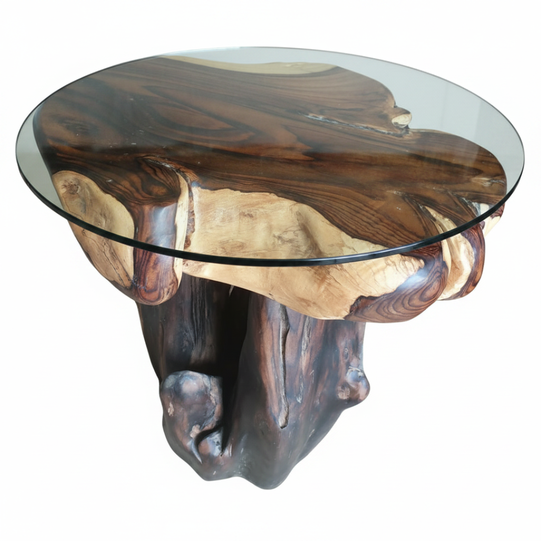 Glass-top table with natural wood base on a white background