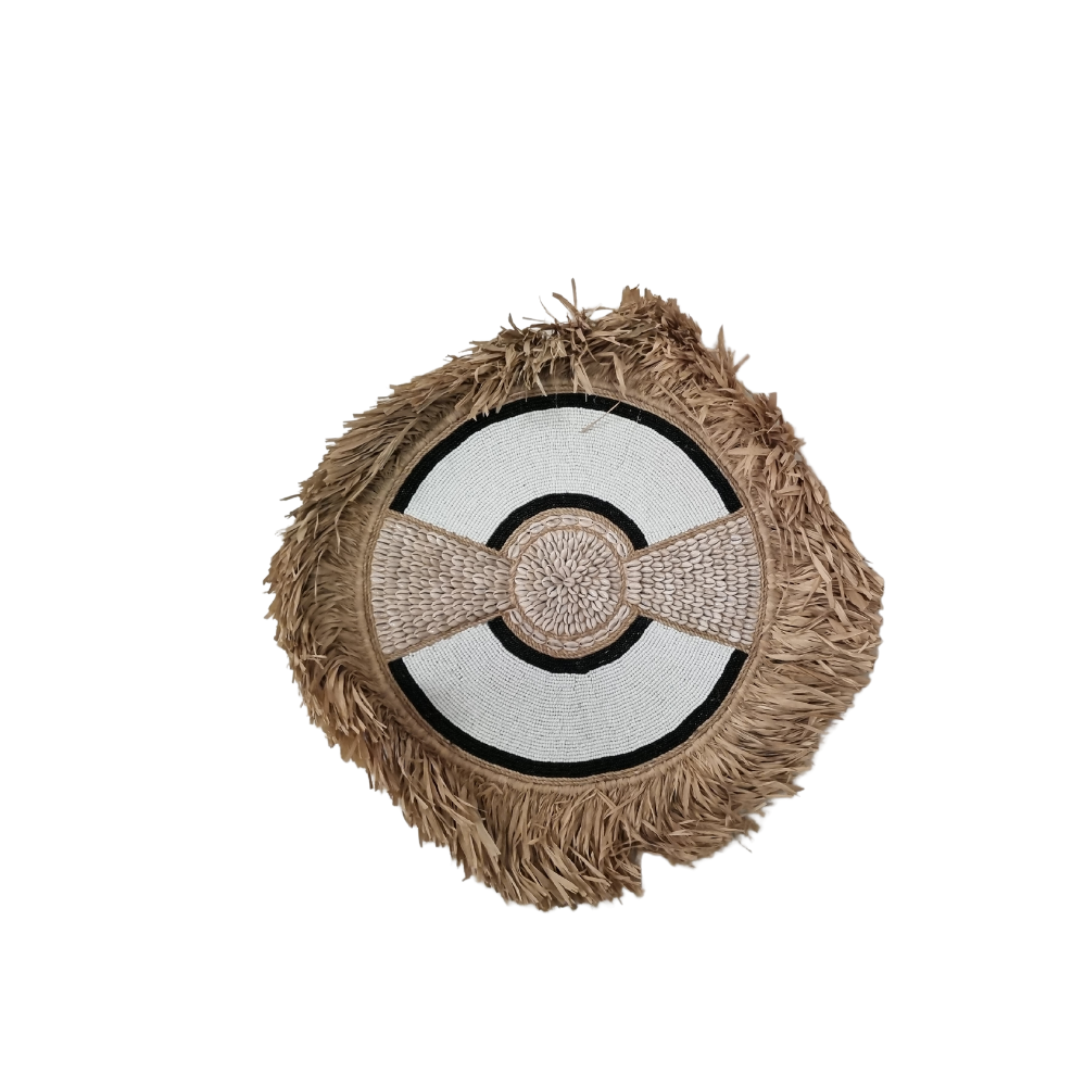  circular boho style wall art pieces made of seagrass with beads and shells, in natural beige and white colors, displayed against a white background.