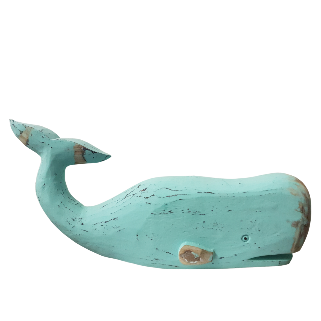 large wooden carved whale decoration in turquoise color with a rustic finish.
