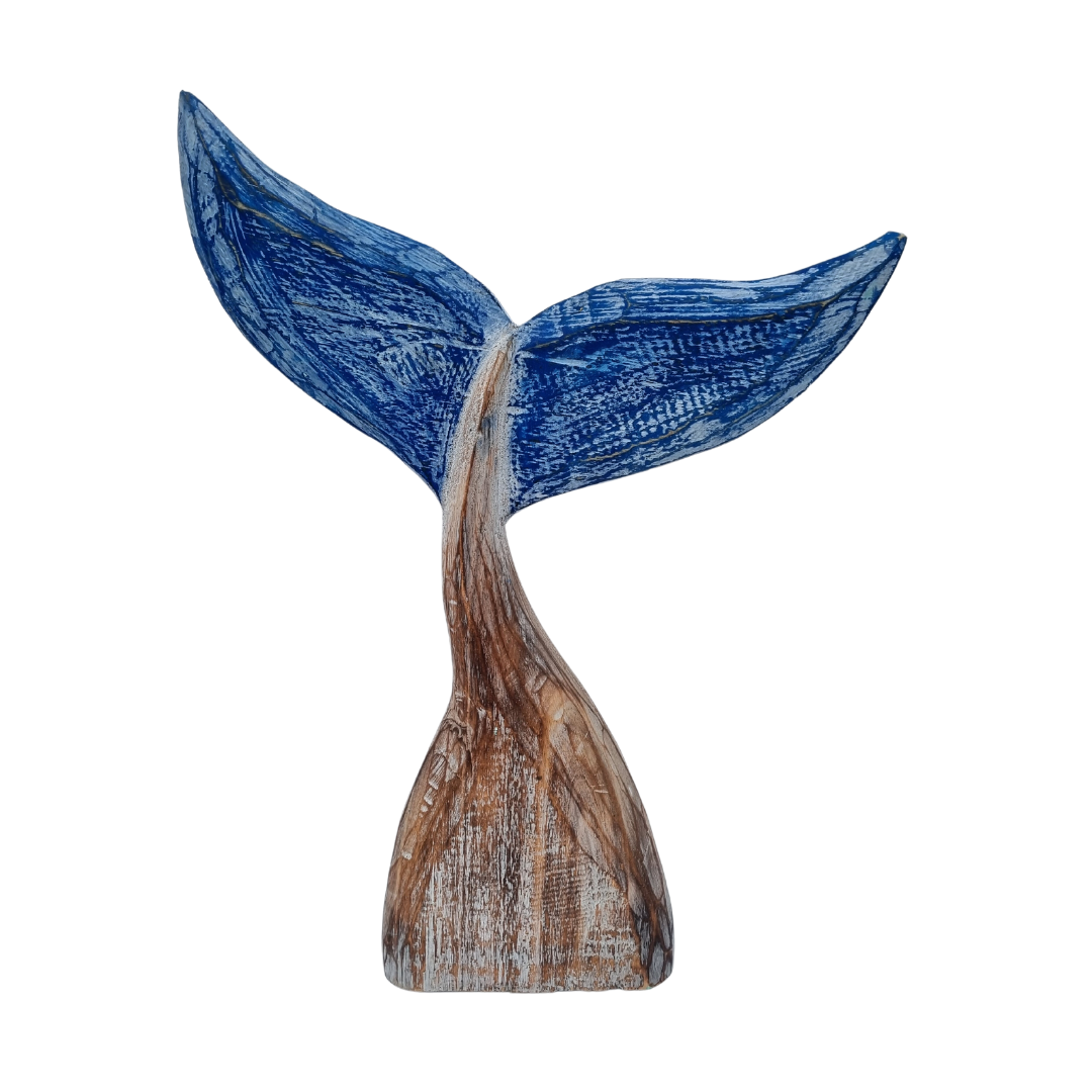 wooden whale tail with blue tip