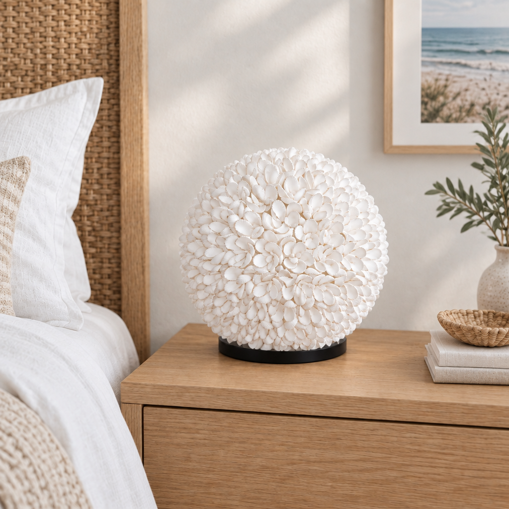 White Daisy shell table lamp switched off on a timber bedside table in a coastal bedroom.