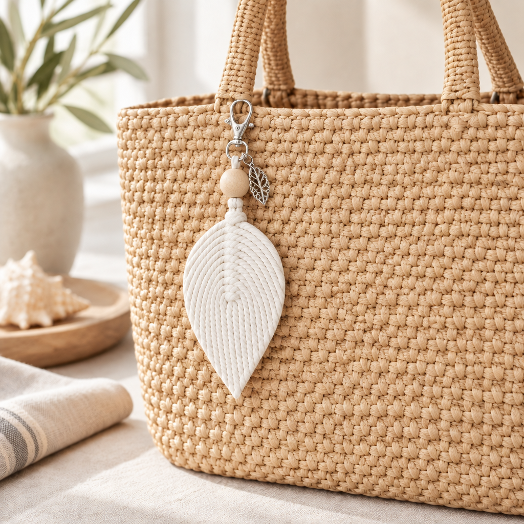 woven bag with a macrame leaf art attached 