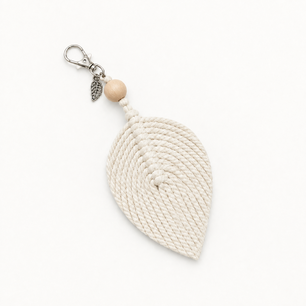An off-white woven rope leaf keychain charm with a silver metal lobster clasp, a small silver leaf charm, a light wood bead, and a silver metal sprig accent, shown on a plain white background.