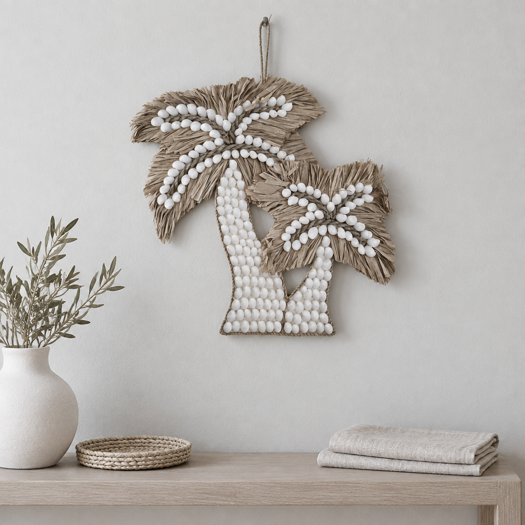 White-shell and raffia decoration styled above a washed-oak console