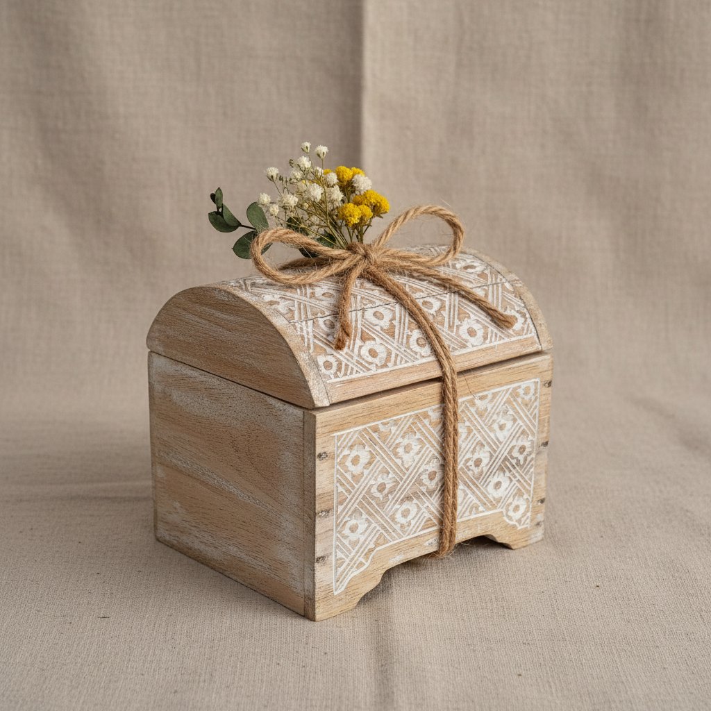 Decorative wooden box with floral arrangement on a beige fabric background